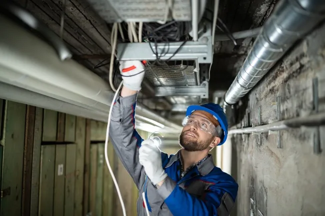 Technician in blue hard hat inspecting overhead pipes and wiring in a narrow utility corridor